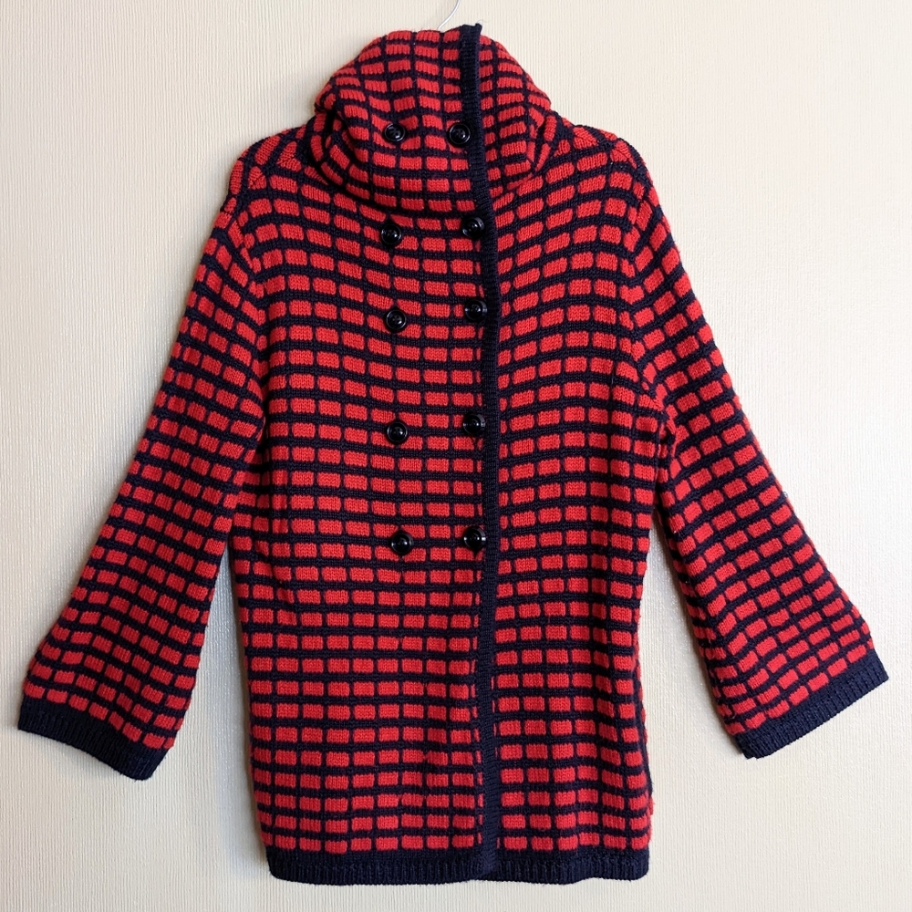 Beth Bowley Cardigan Sweater Red Blue Wool Cowl Neck Check Size Small - Picture 5 of 15